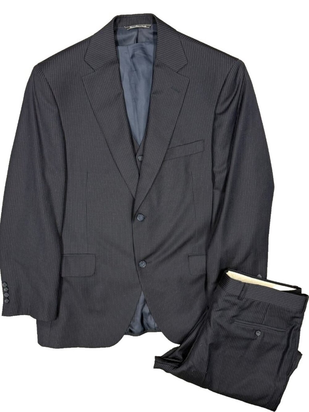 Jack Victor Suit 3pc Vest Striped 100s Wool Navy Blue Canada 40S 34x29